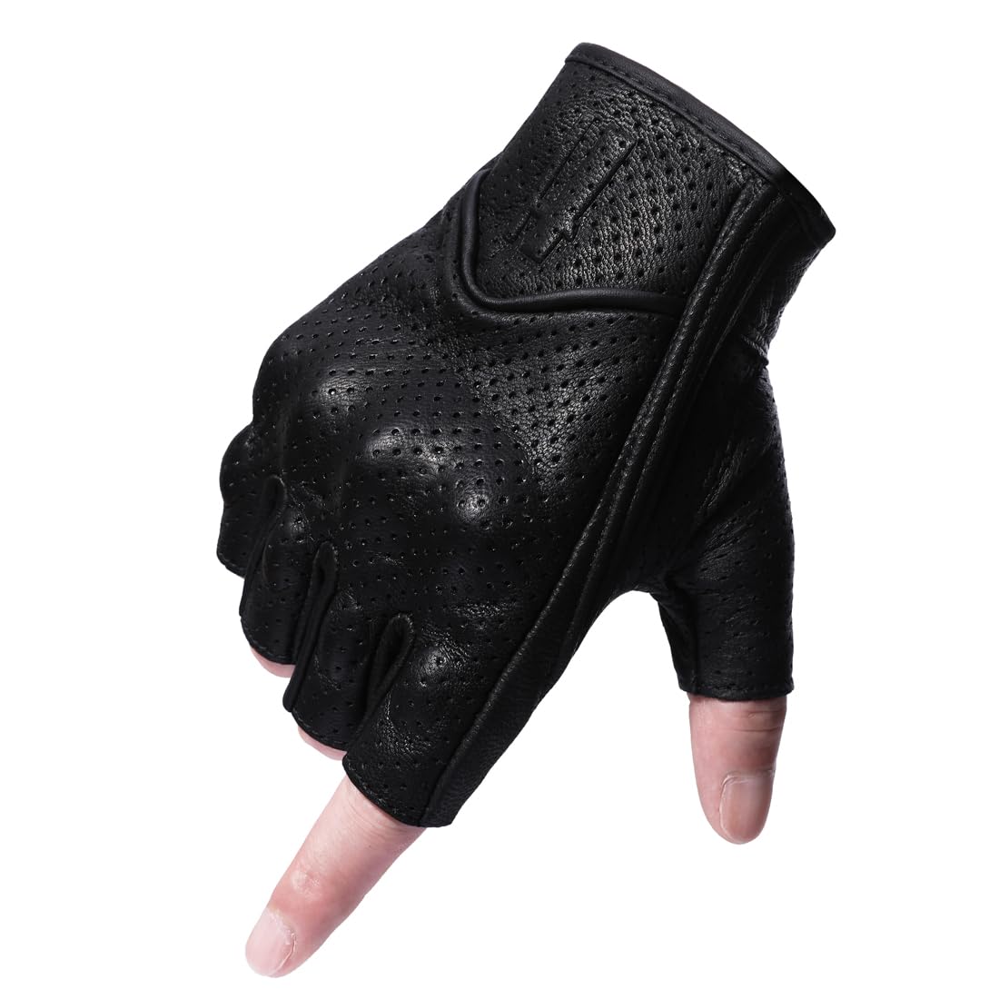 Harssidanzar Men's Motorcycle Gloves Leather Perforated Motorbike Riding Driving Gloves CM044US, Black, Size Small