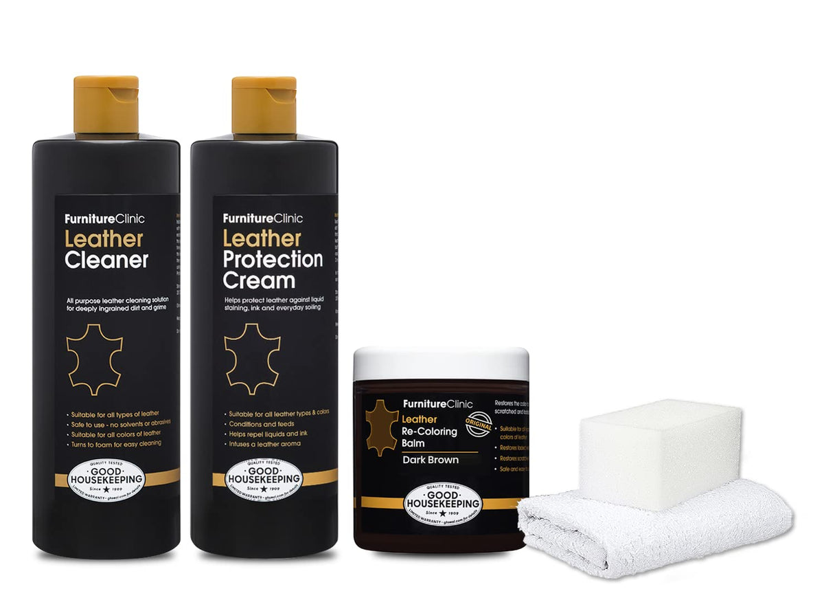 Furniture Clinic Leather Complete Restoration Kit | Includes Leather Recoloring Balm, Leather Cleaner, Protection Cream, Sponge 