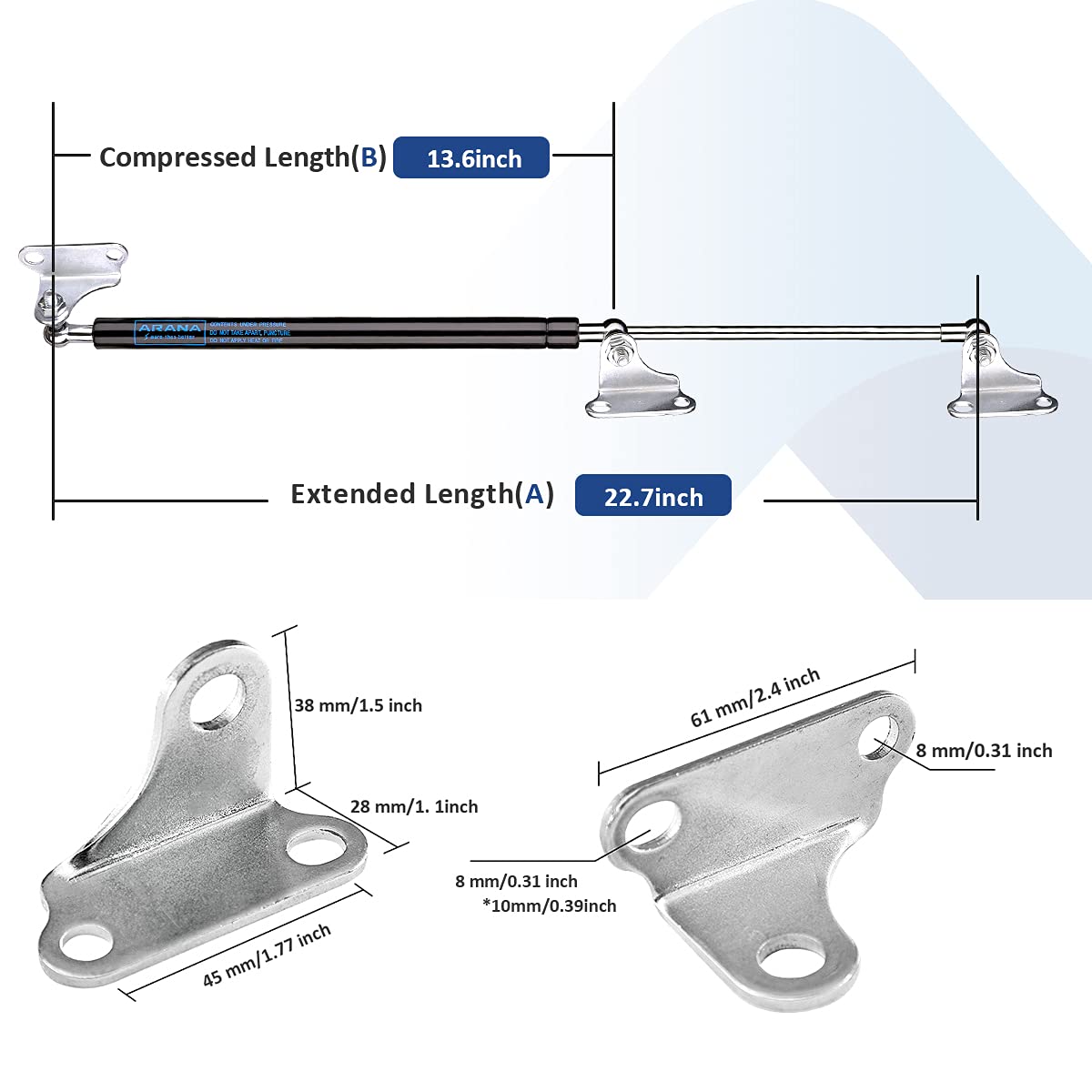 Arana 23 Inch 200Lb Gas Struts Shocks Piston Springs With L Mounting Bracket, 23' 889 N Lift-Support For Heavy Duty Lid Murphy Bed Rv Bed Outdoor Box Lid Trap Door Floor Hatch(Fit 160-220Lb), 2Pcs