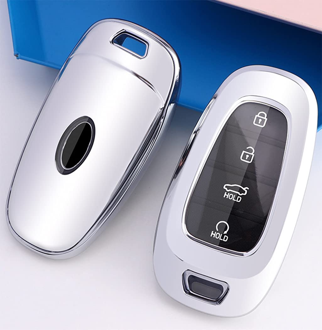 Soft Tpu Key Fob Cover Fit For Hyundai Sonata Santa Fe Tucson Remote Holder Skin Protector Jacket Keyless Entry Sleeve Accessories (Silver)