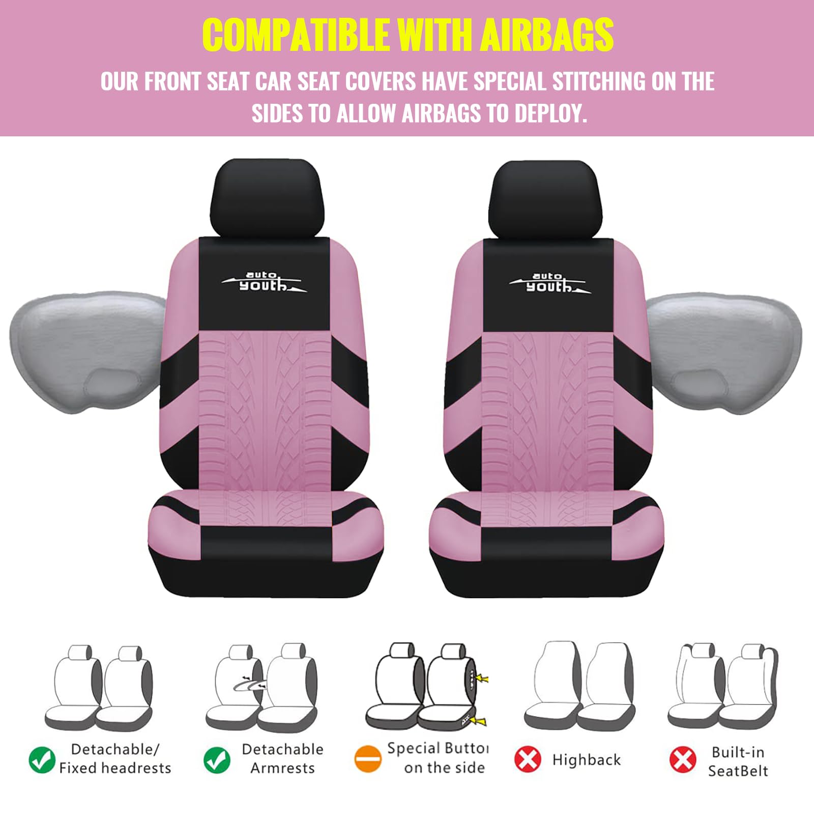 Autoyouth Pink Sport Seat Covers, 4Mm Composite Sponge, Airbag Compatible, Universal For Cars, Suvs, Trucks, Vans - Full Set, Pi