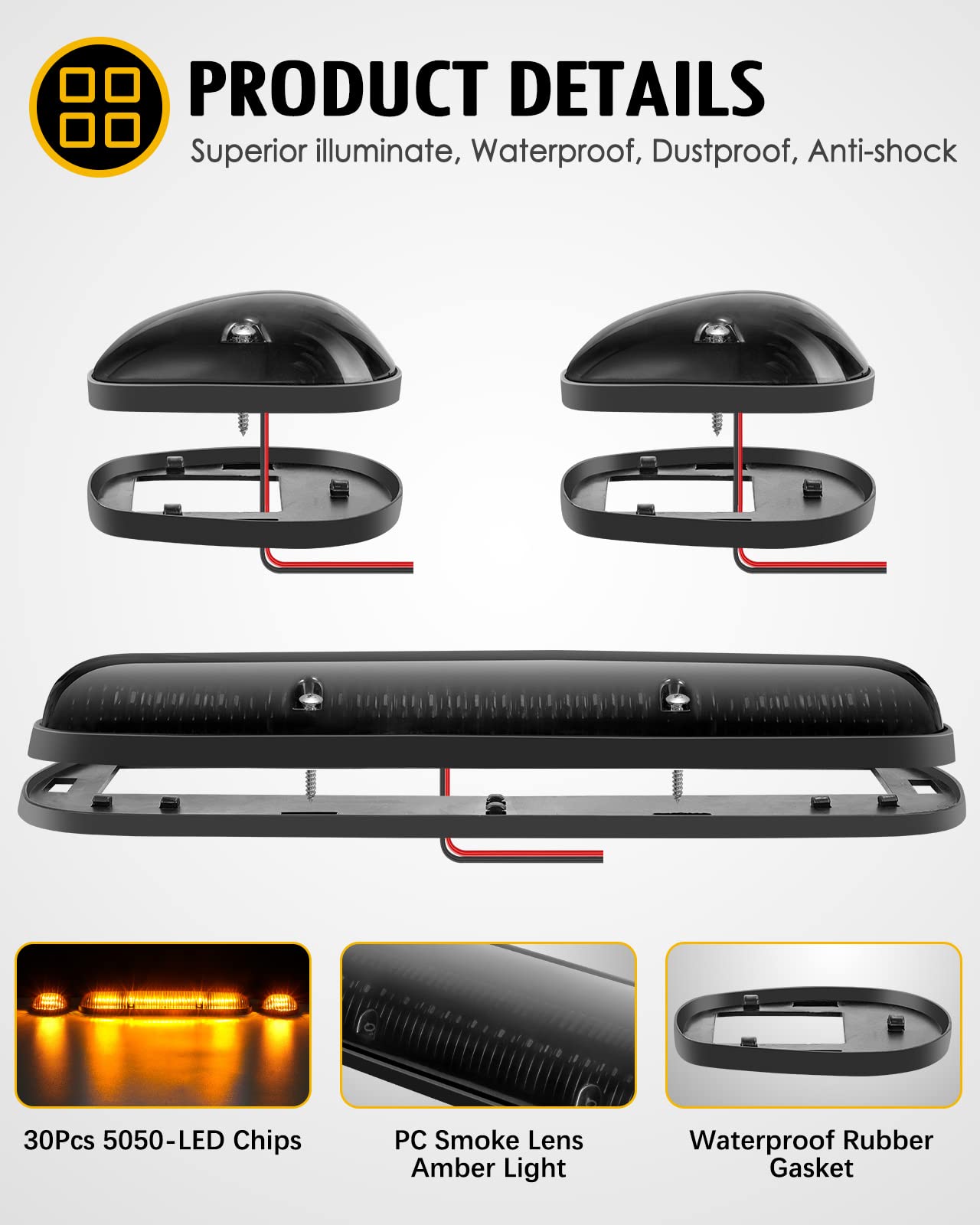 Partsam 3Pcs 30Led Cab Marker Roof Running Lights Assembly Compatible With Silverado/Sierra 1500 1500Hd 2500 2500Hd 3500 2002-20