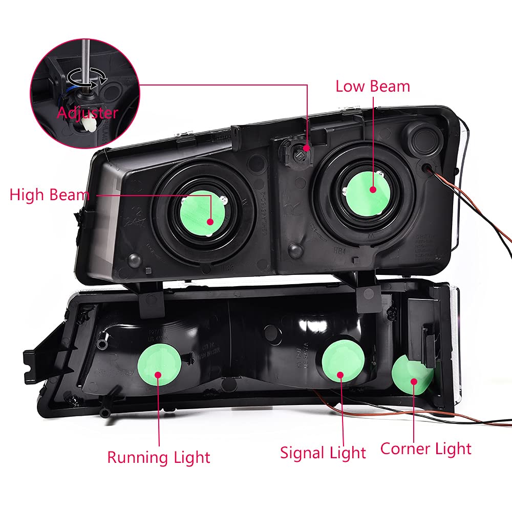 2Pcs Black Housing Clear Lens Clear Corner Headlights Assembly For 2003-2006 Chevy Silverado, Left & Right Headlights Assembly H