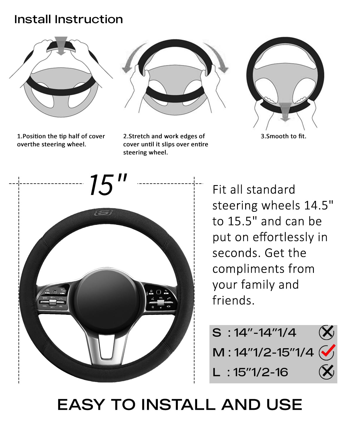 Skechers Steering Wheel Cover, Memory Foam Car Steering Wheel Covers,14.5-15inch Anti-Slip Safety Comfortable Design Universal M