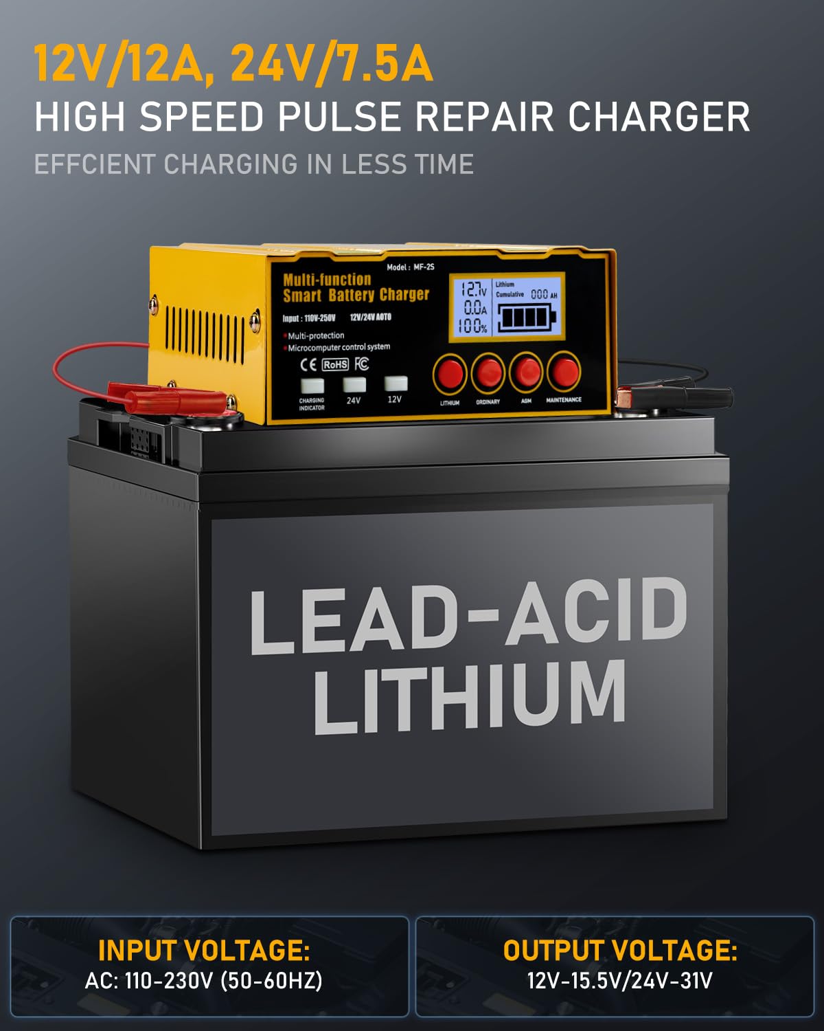 12-Amp Smart Battery Charger,Lithium,Lead-Acid(AGM/Gel/SLA) Pulse Repair Car Battery Charger,Trickle Charger,Maintainer/Deep Cyc