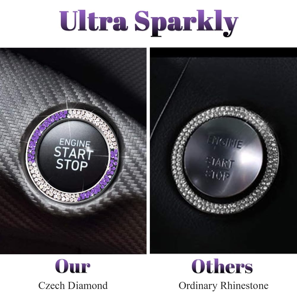 Tobequeen White Purple Bling Start Button Cover Emblem Sticker, Crystal Diamond Rhinestone Push Start Ring Car Decor, White And