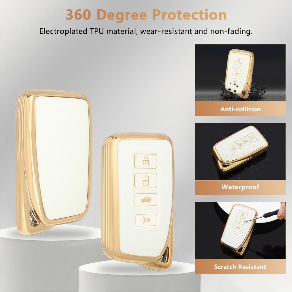 Pifoog For Lexus Key Fob Cover White Gold Soft Tpu 4 Button Car Keys Case Shell Full Protector Bling Keychain For Lexus Nx Rx Gs