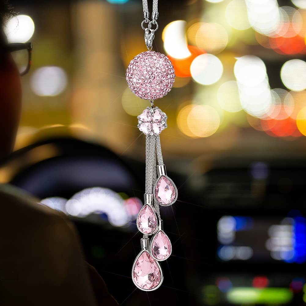 Otostar Bling Crystal Ball And Drops Car Hanging Accessories, Car Rear View Mirror Pendant Charms Interior Sun Catcher Ornament, Bling Car Accessories For Women Girls (Pink)