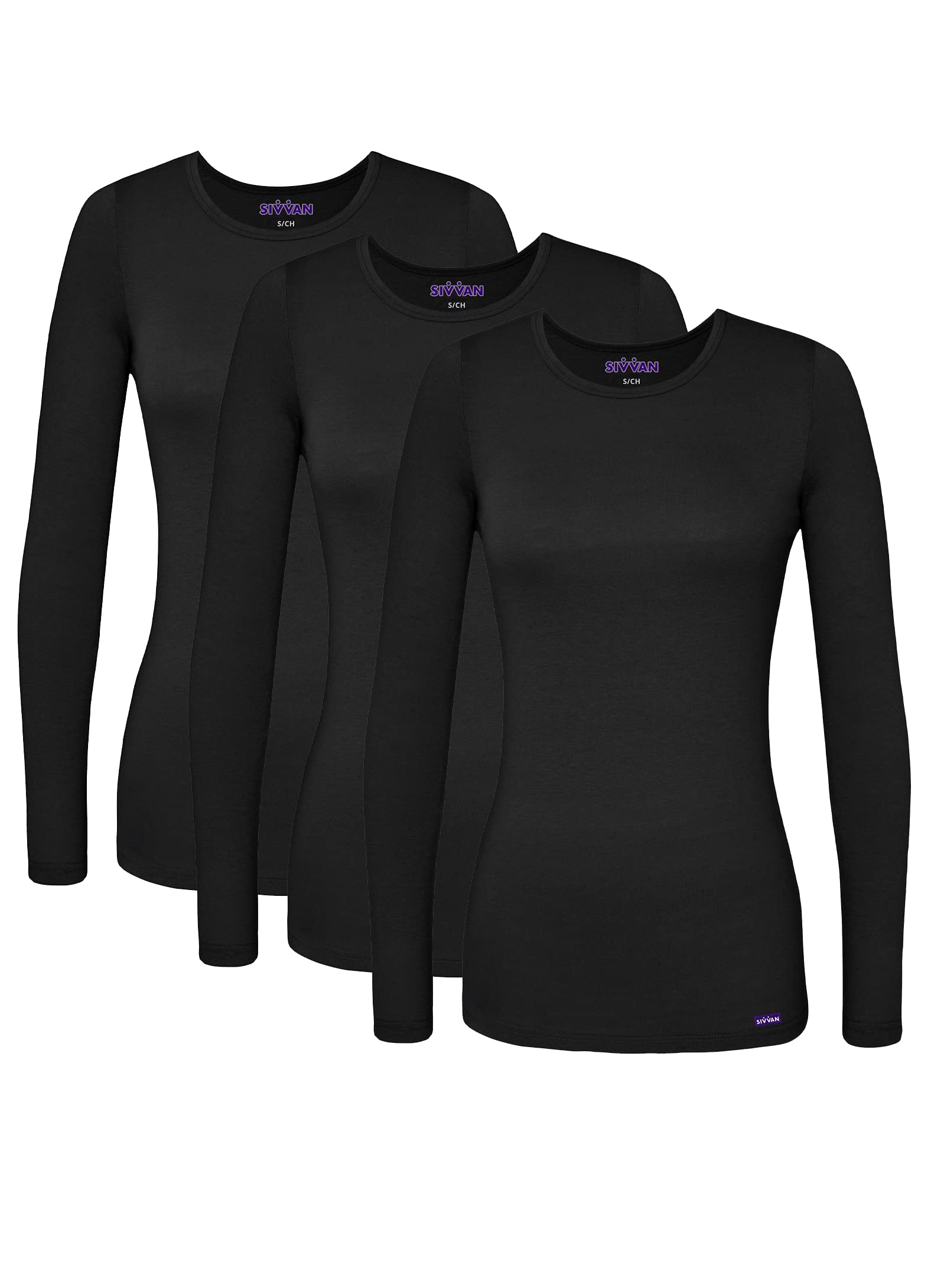 Sivvan Scrubs For Women - Long Sleeve Comfort Underscrub Tee 3-Pack - S85003 - Black - Xs