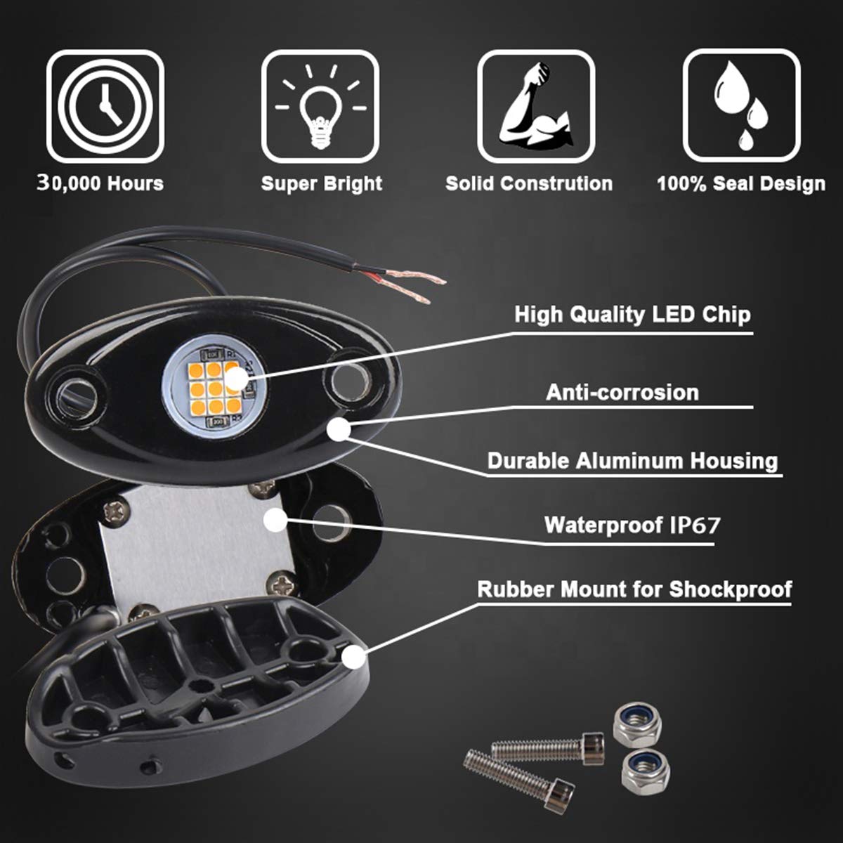 Yellow Led Rock Lights, 4 Pods Neon 12V Waterproof Underglow Underbody Kit Crawler Crawling Dome Exterior Wheel Lights For Atv R