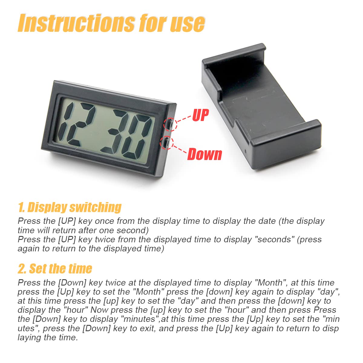 Mini Digital Clock for Car Dashboard, Self-Adhesive Vehicle Electronic Clocks with LCD Time, Auto Sticky Clock with Bracket Hold