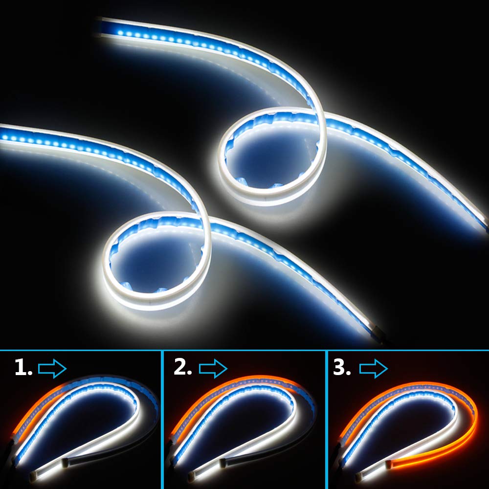 Leadtops Flexible Led Light Strip 2 Pcs 24 Inch Dual Color Led Headlight Surface Strip Tube Light White & Amber Daytime Running
