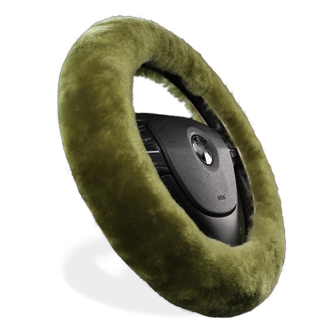 Furry Fluffy Wool Sheepskin Car Steering Wheel Cover For Girls Women Universal Car 14 1/2-15 1/2Inchs (Pea Green)
