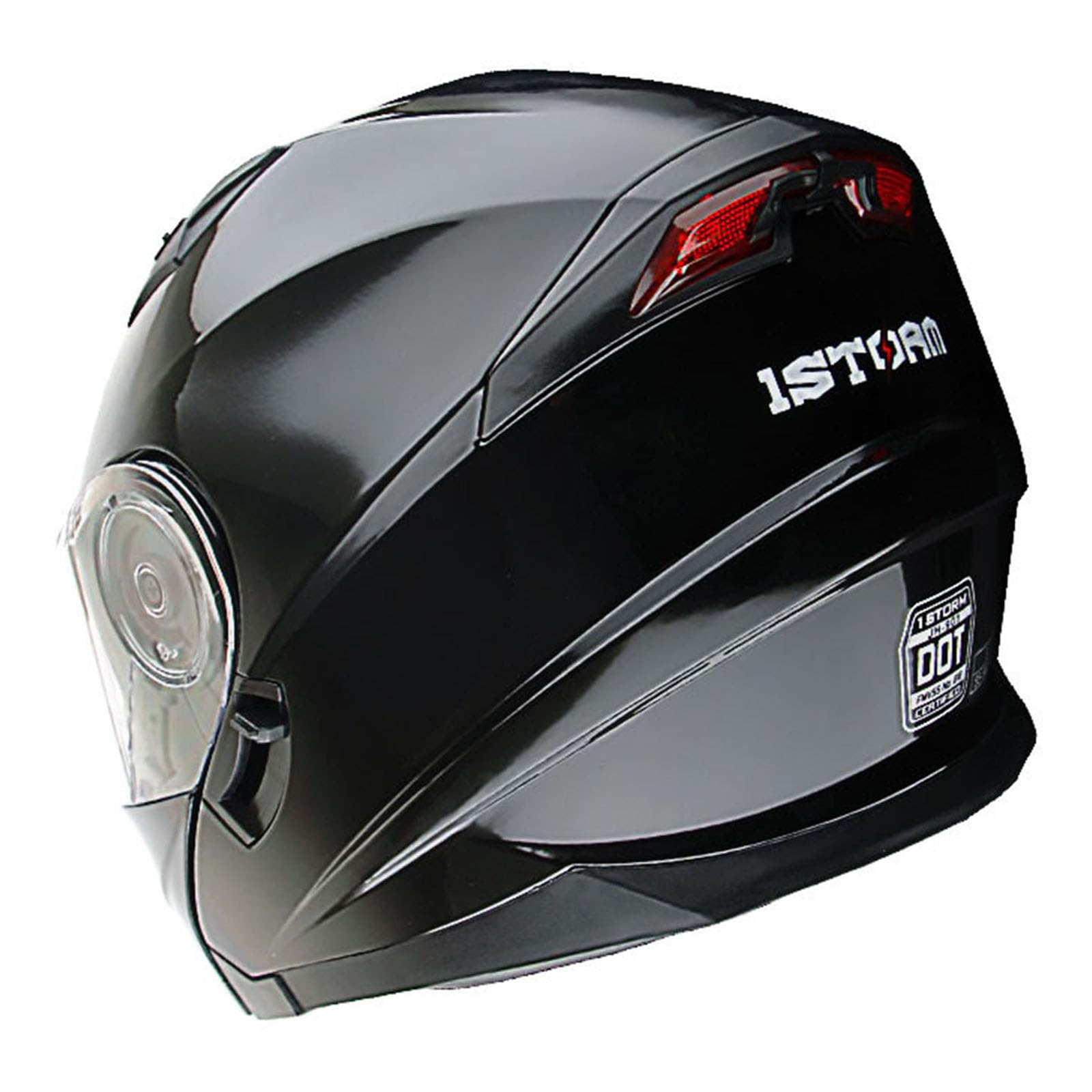 1Storm New Motorcycle Bike Modular Full Face Helmet Dual Visor Sun Shield With With Rechargeable Led Tail Light : Glossy Black