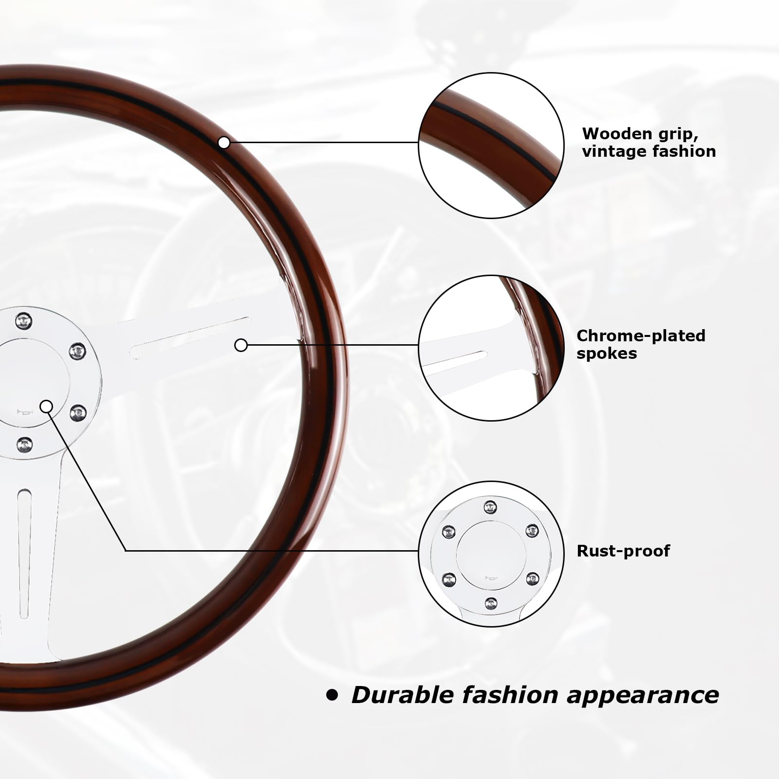 QYMOPAY 14'' Woodgrain Racing Steering Wheel Vintage Nostalgic Style 6-Bolt Steering Wheel with Horn Buttons - Plated Spokes