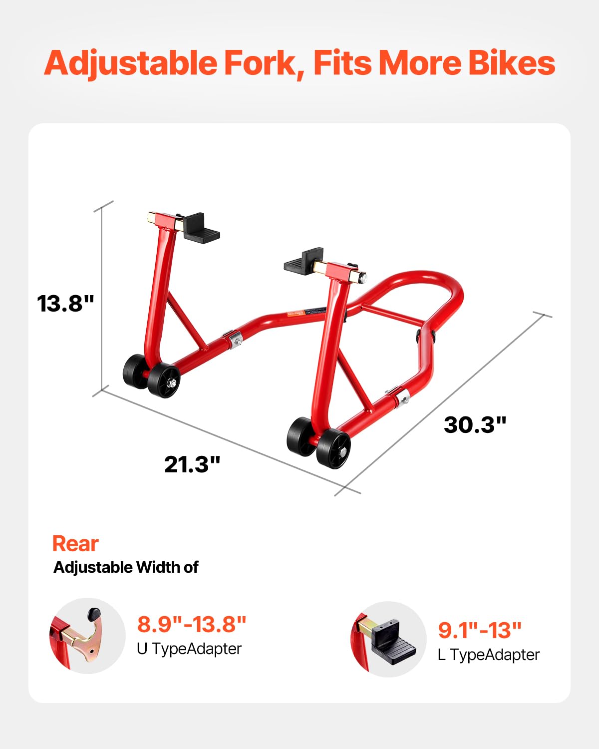 VEVOR Motorcycle Rear Wheel Stand, 850 LBS Load Capacity Heavy Duty Rear Wheel Stand with U + L Fork Swingarm Spool, Adjustabe M