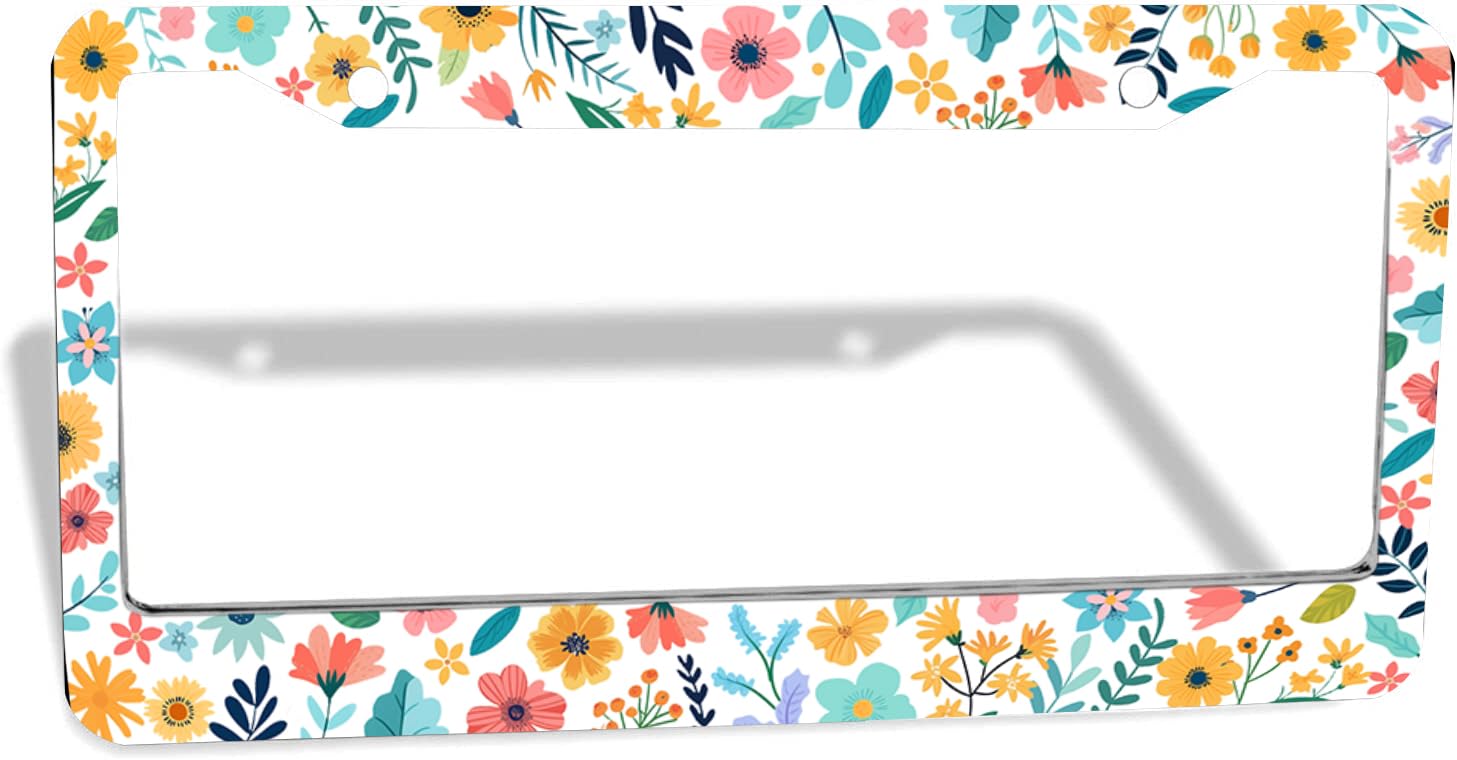 Floral Flowers License Plate Frame Cute Colorful Flowers Car Accessories Decoration License Plate Holder for Front Rear Car Tag Cover 2 Holes Screws (White) -Like New