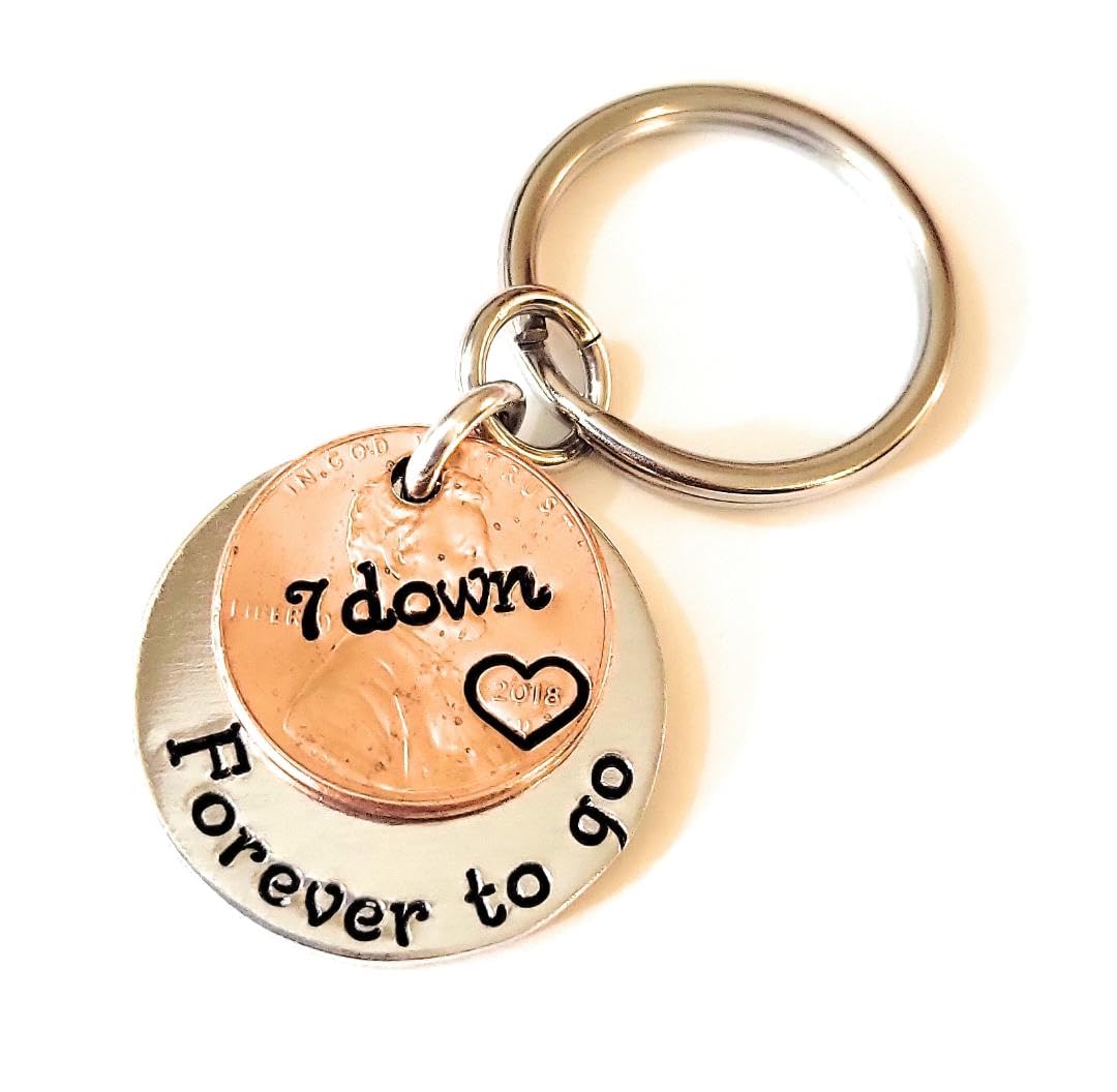 7 Year Anniversary, 7Th Anniversary Gift, Lucky 2018 Copper Penny Down Forever To Go Coin Key Chain, Copper Anniversary Gift