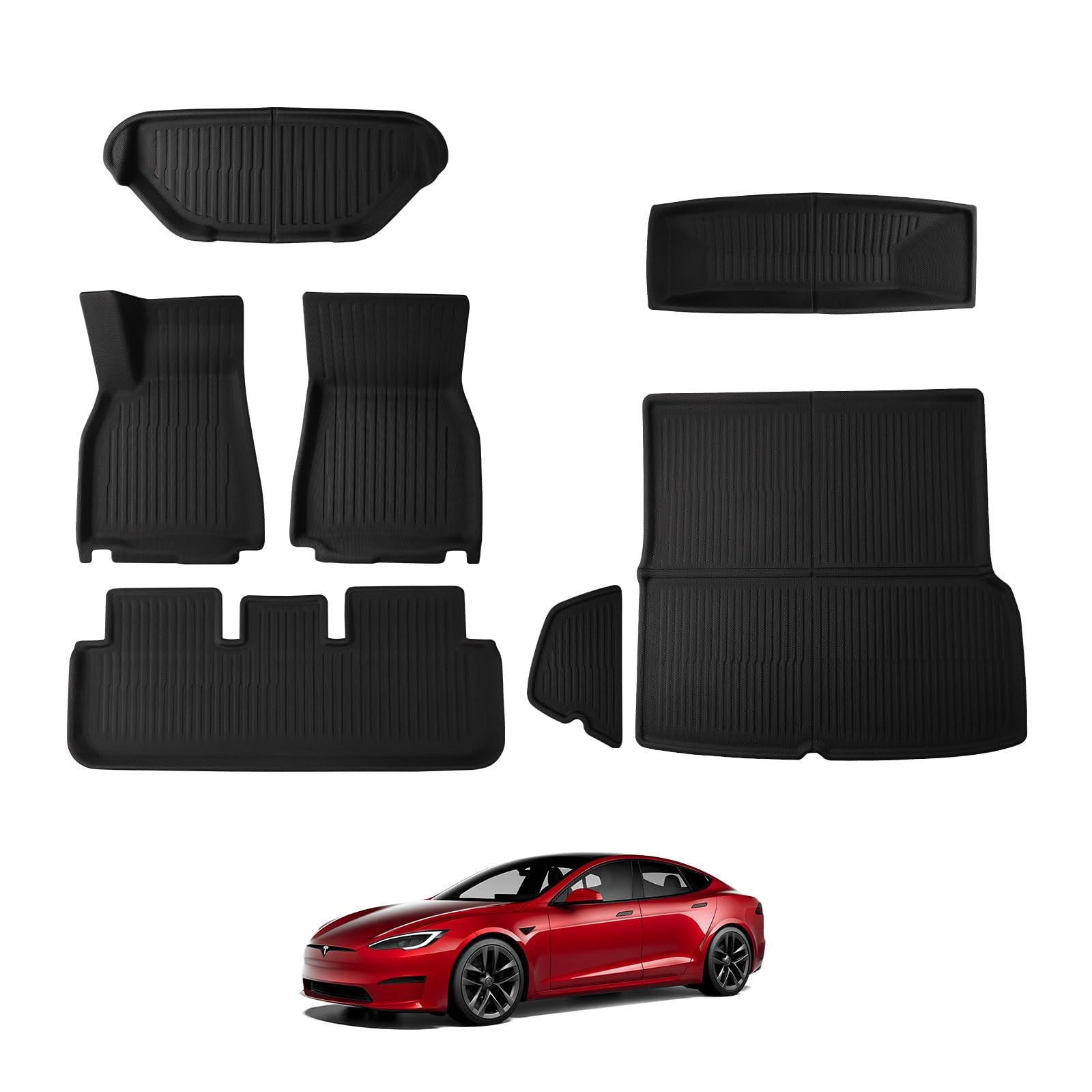 Basenor 7Pcs Floor Mats For Tesla Model S Model S Plaid 3D Material Cargo Liners All-Weather Car Mats Anti-Slip Trunk Mat Model