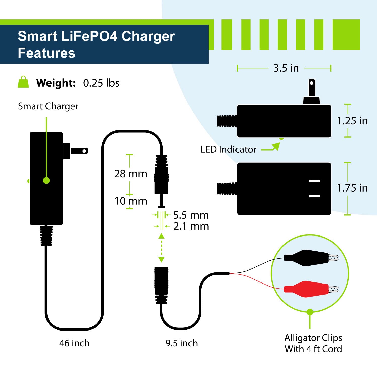 Expertpower 12V 1A Smart Charger For Lithium Lifepo4 Deep Cycle Rechargeable Batteries | Dc 5521 Male & Alligator Clips | Kids R