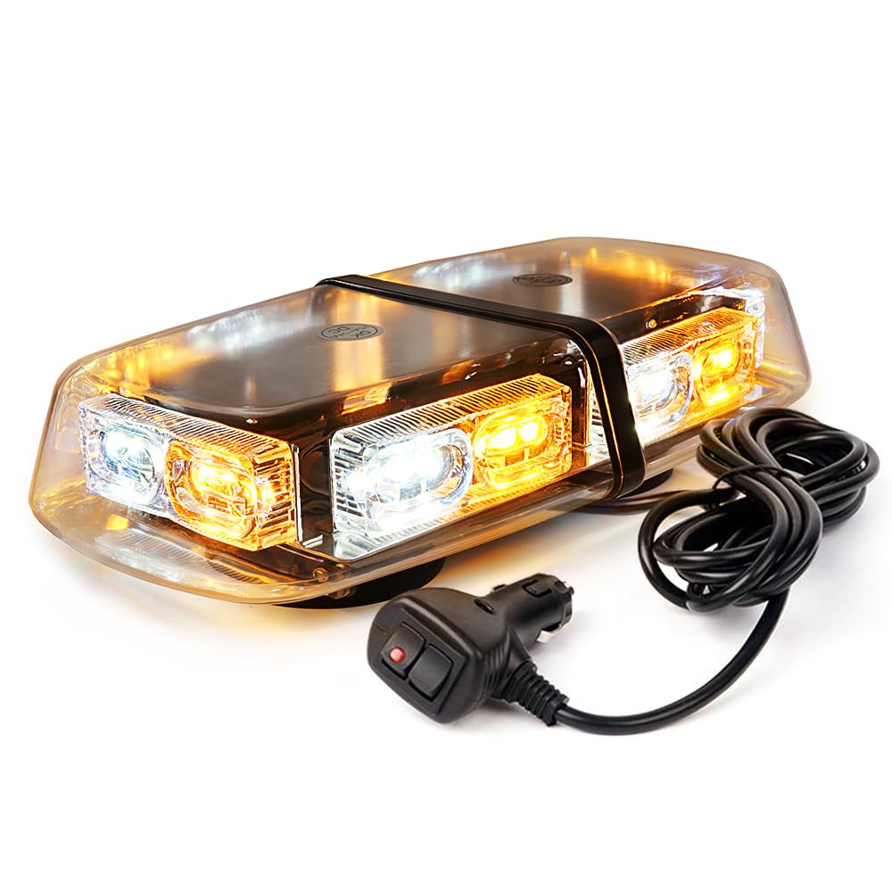 Xprite 36 Led Rooftop Strobe Beacon Mini Bar Lights 16 Flashing Modes Warning Hazard Light W/Magnetic Base For Emergency Vehicles Trucks Snow Plow Construction Cars Bus - White Mix Amber