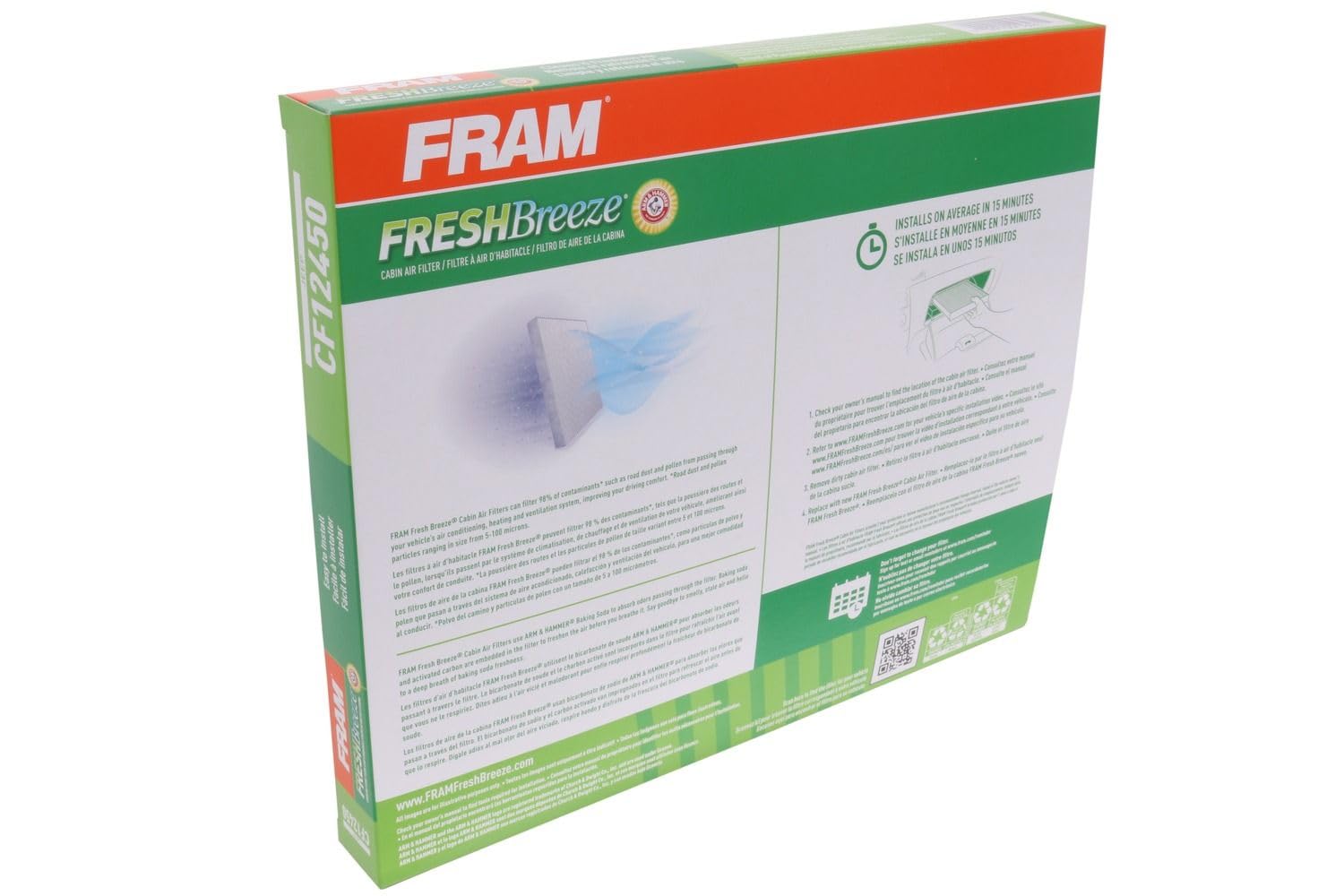 Fram Fresh Breeze Cabin Air Filter Replacement With Arm & Hammer Baking Soda And Activated Carbon, Cf12450, 2 Year Protection, E