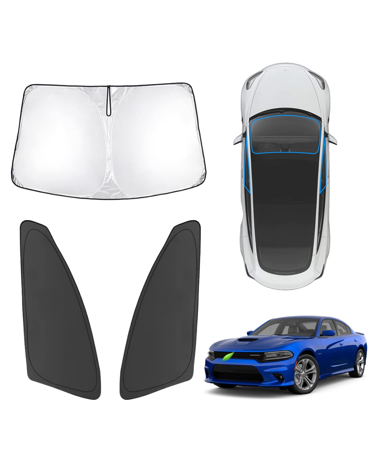 Karltys 3Pcs Windshield Sun Shade For 2011-2024 Dodge Charger, Thickened Reflective Front And Side Window Sunshade Custom Fit Do