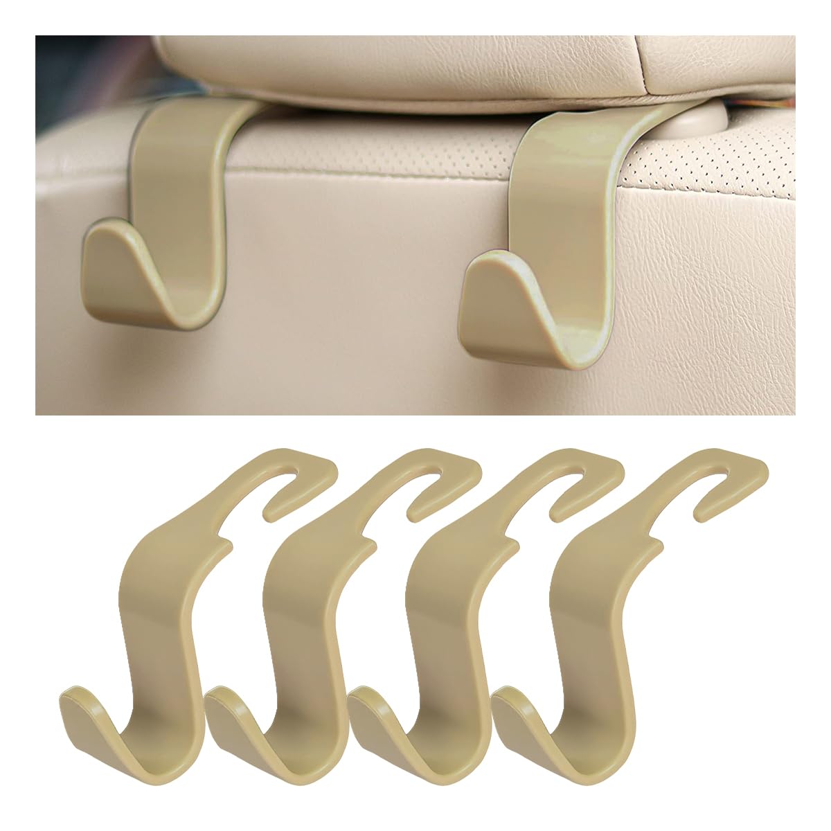 4Pcs Car Seat Headrest Hooks, Auto Back Seat Hanger Holder, Durable Stylish Vehicle Organizer Universal Car Interior Accessories, Storage Hooks For Purses, Bags, Clothes, Coats, Hats (Beige/4Pcs)