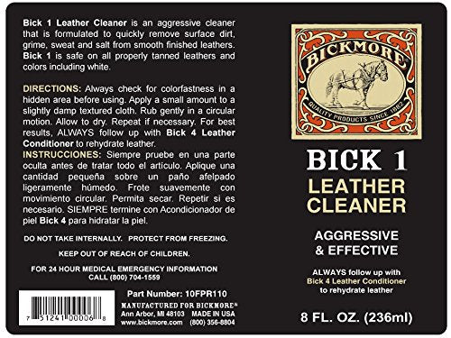 Bickmore Bick 1 Leather Cleaner 8 Oz - Clean Dirt, Oil, Sweat, Salt, And Water Stains From All Colored, White, And Black Leather
