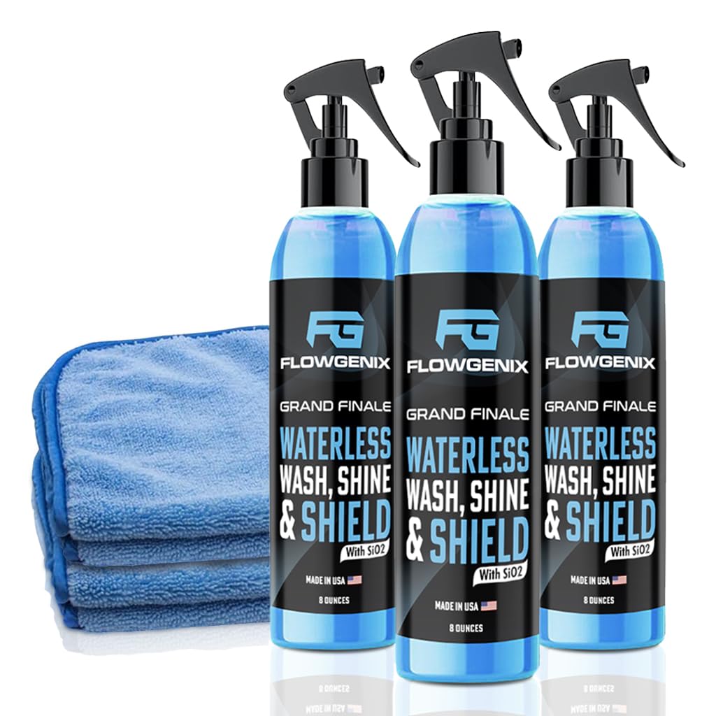 Flowgenix™ Waterless Car Wash Spray - Grand Finale - Motorcycle Cleaner & Car Wax Polish - Ceramic Coating - Incl. 2 Microfiber Towels - Best Cleaner & Quick Detailer To Make Your Car Shine (3-Pack)