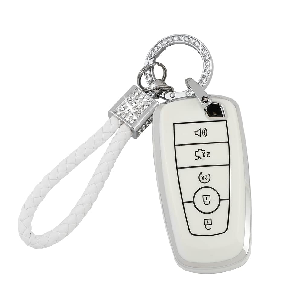 Pifoog White Key Fob Cover For Ford Bling Keychain 5 Buttons Keys Case Protector For Ford Explorer Mustang Edge Fusion Escape Expedition F150 Tpu White Silver Girly Women