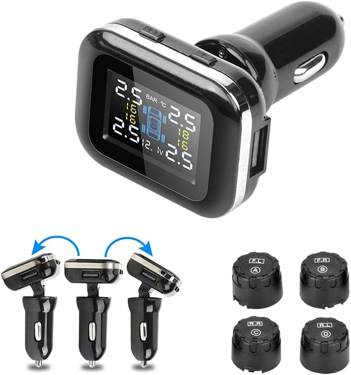 Jansite Tire Pressure Monitoring System Tpms, Wireless Adjustable Display Angle With 4 Waterproof External Sensors Auto Alarm Real-Time Display Temperature Pressure(0-6 Bar / 0-87Psi)