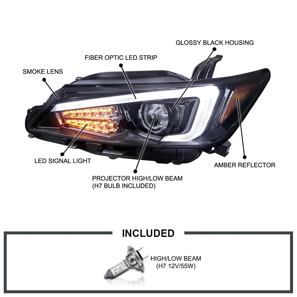 Spec-D Tuning Black Housing Smoke Lens Projector Headlights w/LED Signal & LED Strip Compatible with 2011-2013 Scion tC Left + R