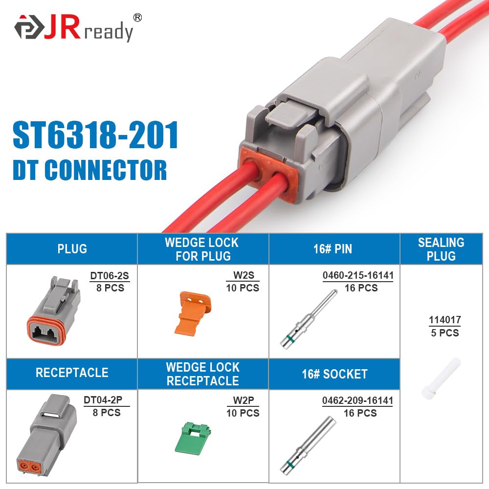 Jrready St6318-201 Dt Deutsch Connector Kit - 8 Sets 2 Pin Gray Waterproof Dt Connectors With Size 16 Solid Contacts 14-20Awg