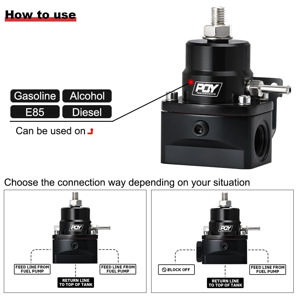 PQY Adjustable Fuel Pressure Regulator Kit 3-70PSI with AN8 Feed Port and AN6 Return Port (black)