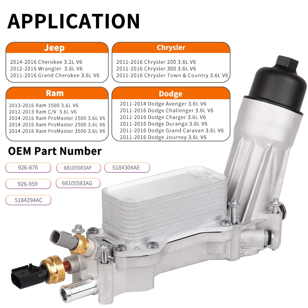 Aluminum Engine Oil Cooler And Oil Filter Housing Adapter Gaskets Sensor Fit For 2011-2016 Chrysler 200 300, Dodge Charger, Gran