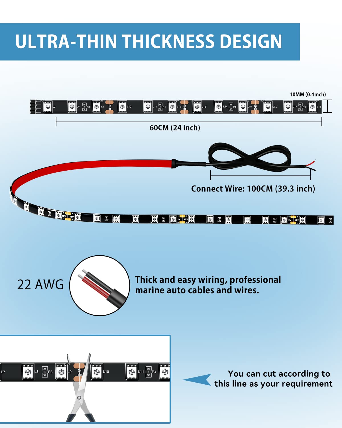 12V Led Light Strip 24'' Connectable White Led Strip Lights For Cars Golf Cart Motorcycle Boat Trucks Waterproof Interior& Exter