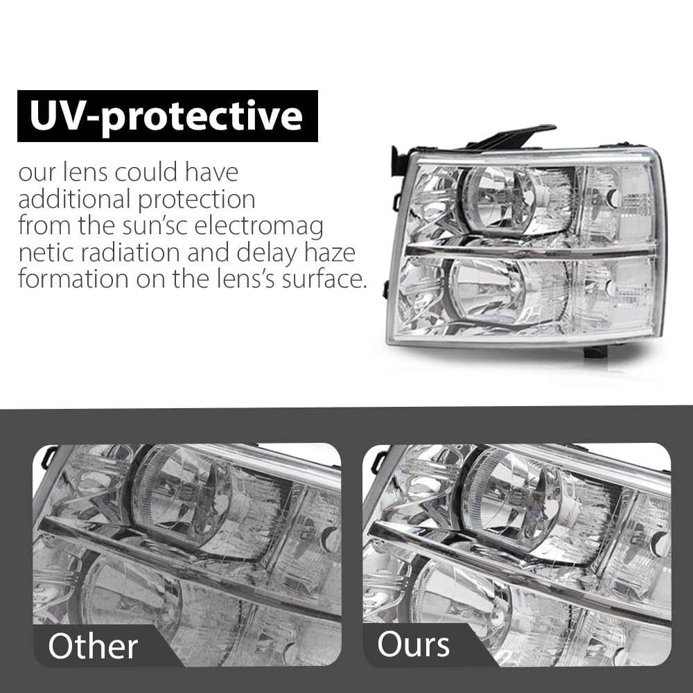 Cheda Headlights Assembly, Compatible With 2007-2013 Chevy Silverado 1500 2500 3500 & Hd Models Chrome Housing Headlight Lamp(Cl