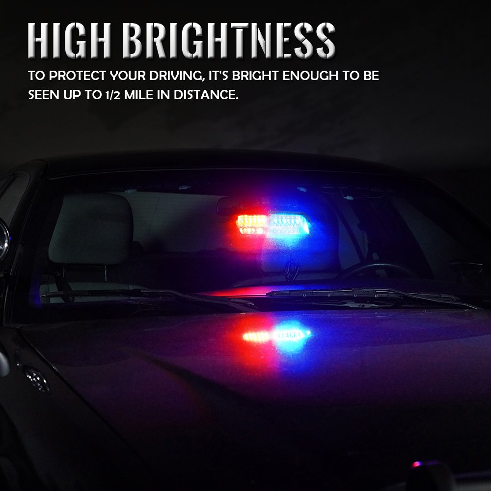 Xprite Red Blue Led Emergency Dash Strobe Light, Interior Windshield Safety Warning Police Lights W/Suction Cups, 12V Windshield