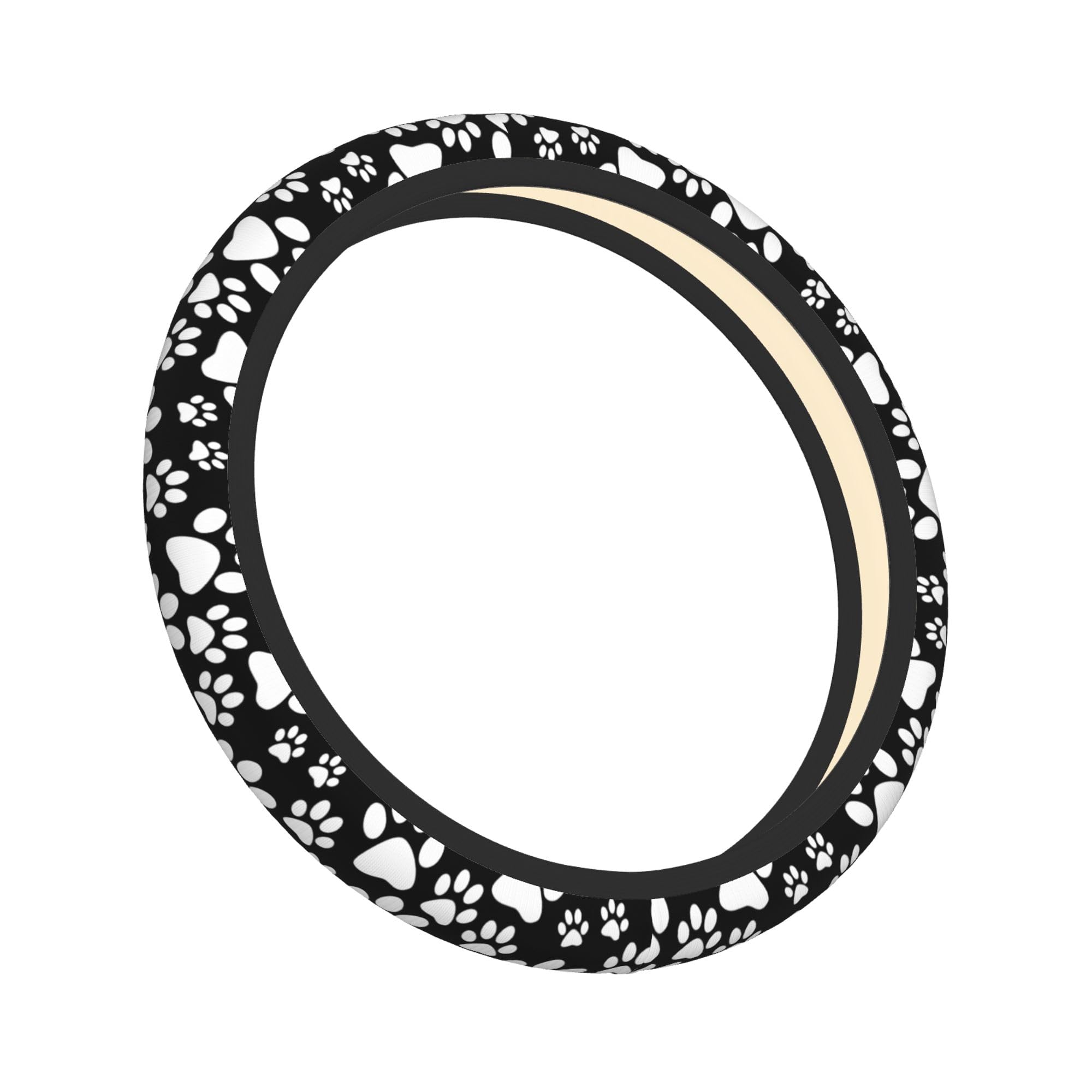 Lovely Black White Dog Paws Print Steering Wheel Cover Anti-Slip Universal 15 inch Cute Car Steering Wheel Cover for Women Girls