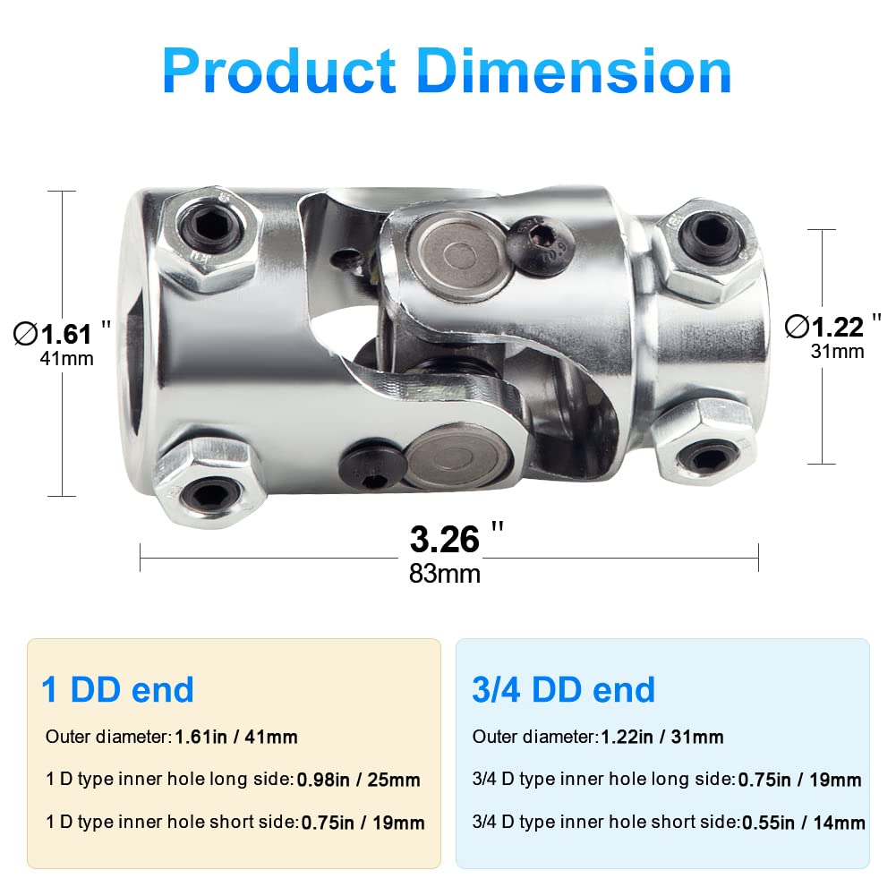WMPHE Single Steering Shaft Universal U Joint 3/4'' DD to 1'' DD, 83mm (3-1/4'') Working Angle 35Degree