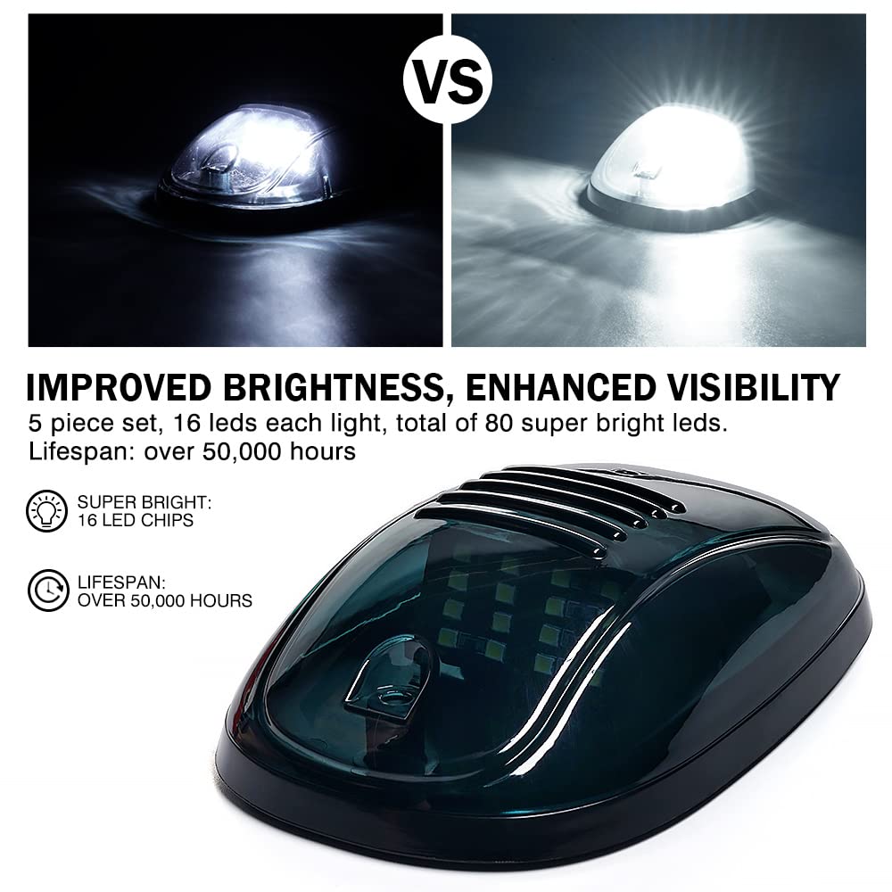 Xprite Smoke Lens Rooftop Cab Clearance Light, Roof Top Marker Running White Leds Lights Kit Compatible With Pickups Trucks Ford