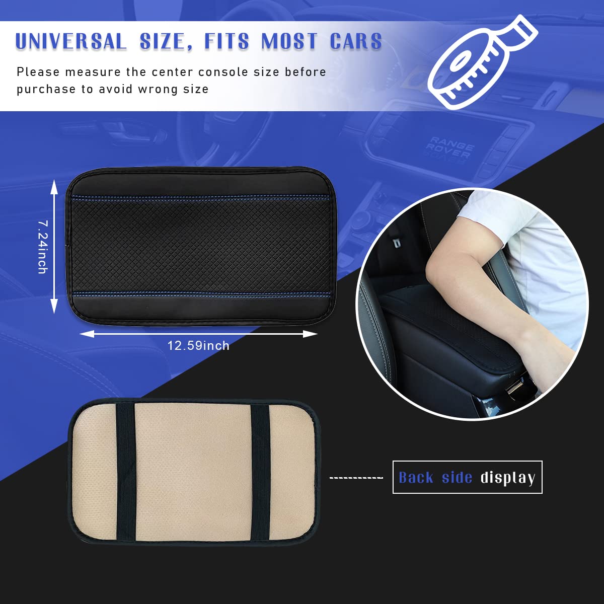 Ziciner Car Center Console Armrest Pad, Pu Leather Waterproof Auto Armrest Seat Box Cover Protector, Universal 12.59X 7.24 Inch Vehicles Interior Accessories For Most Car Suv (Black & Blue)