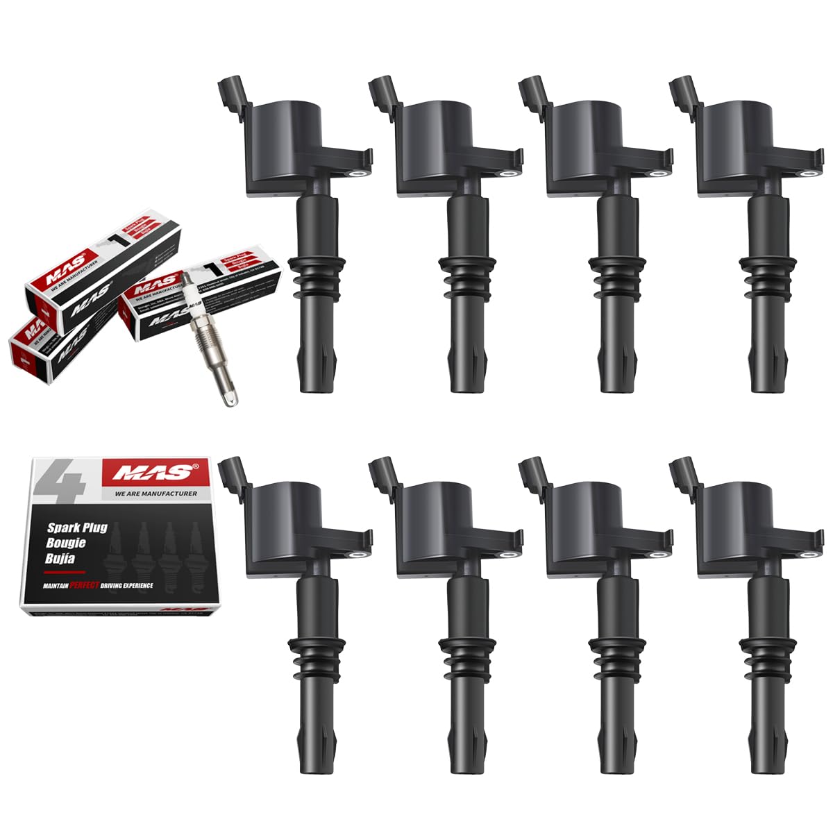 MAS 8 Ignition Coil Pack and Iridium Spark Plug Set 2005-2008 Compatible with Ford Expedition Explorer F150 F250 F350 F550 Super