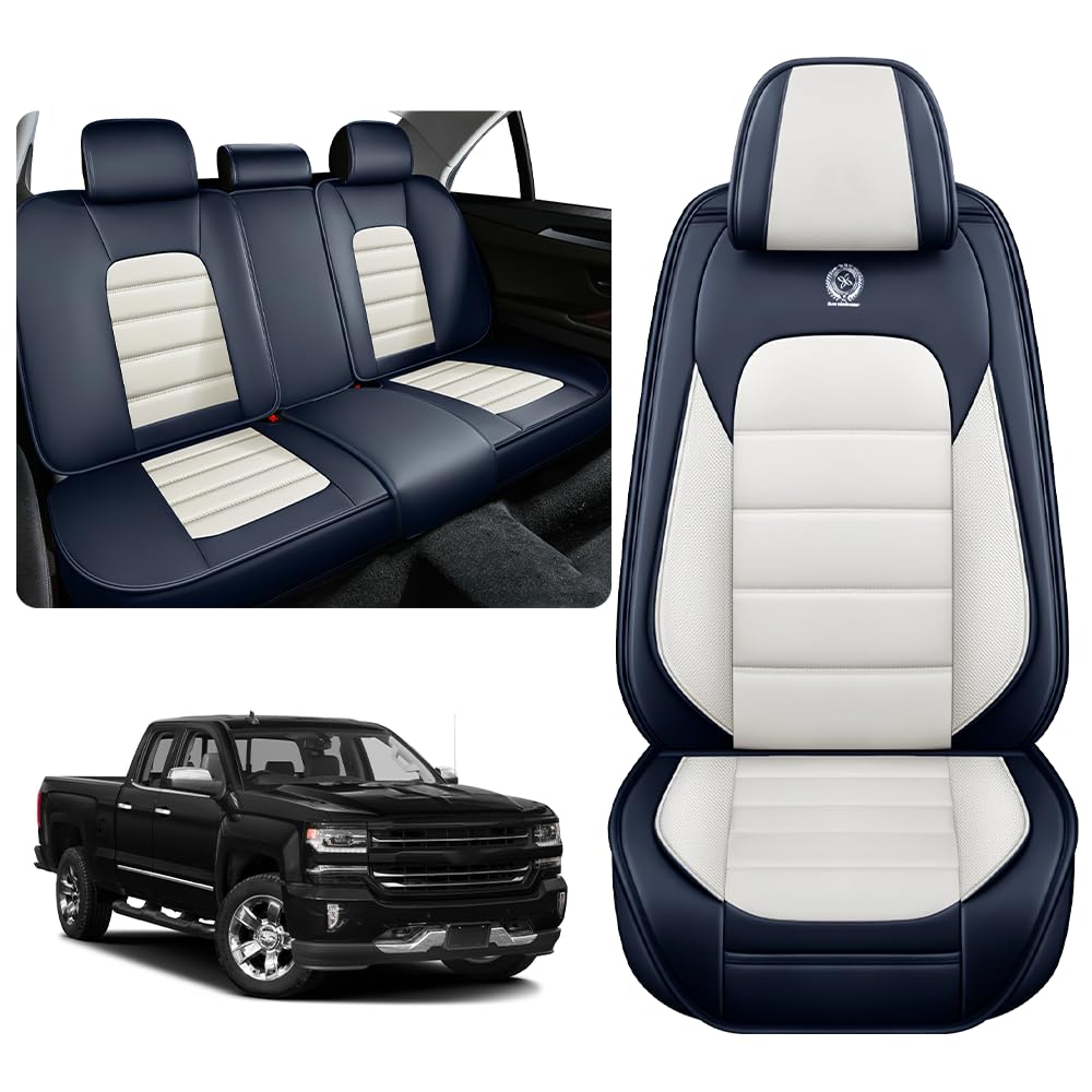 KNCY Leather Seat Covers Fit for 2007-2024 GMC Sierra Chevy Silverado 1500 2500/HD 3500/HD, Full Coverage Compatible Airbag Truc