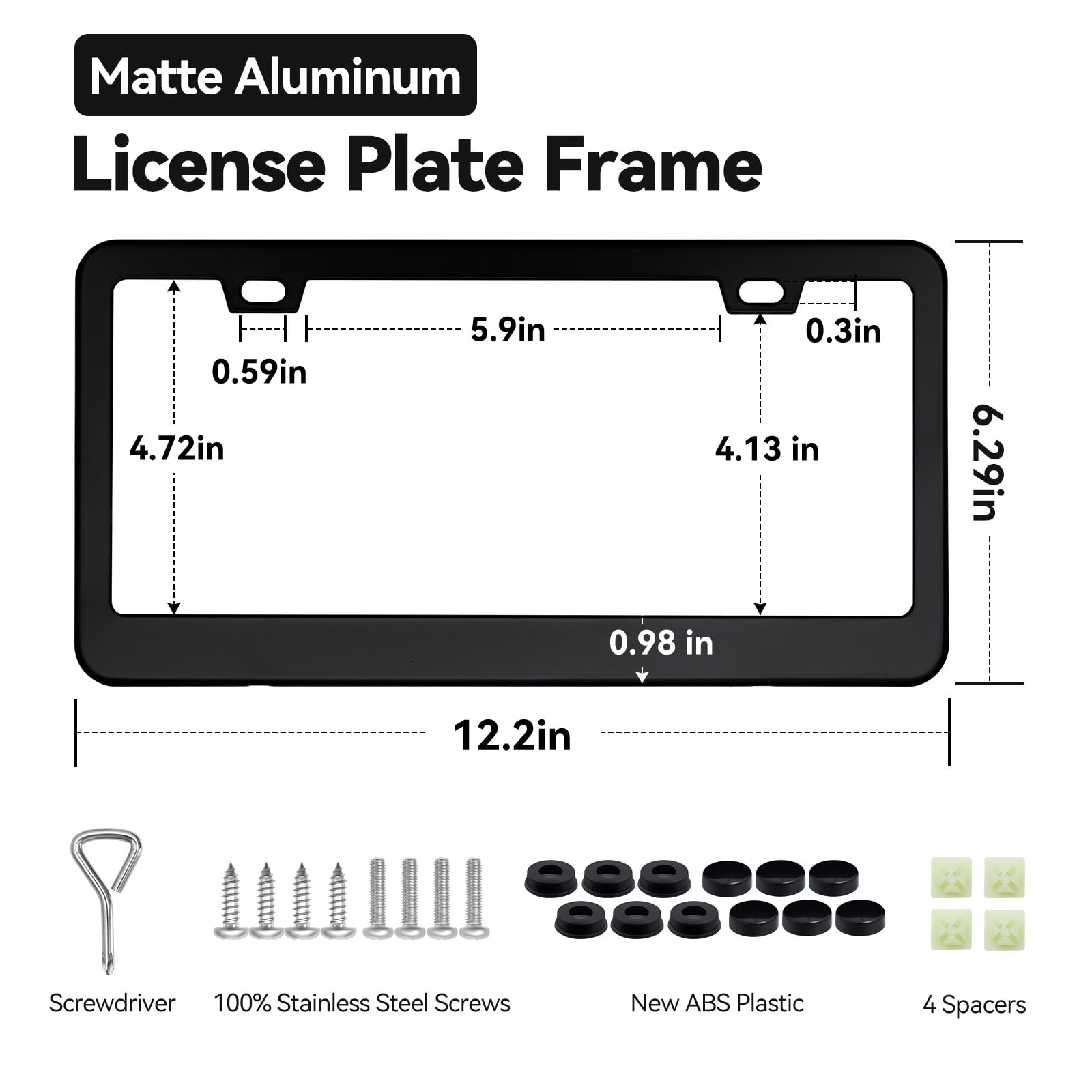 Ohuhu Matte Aluminum License Plate Frame With Black Screw Caps, 2Pcs 2 Holes Black Car Licenses Plate Covers Holders For Us Vehi
