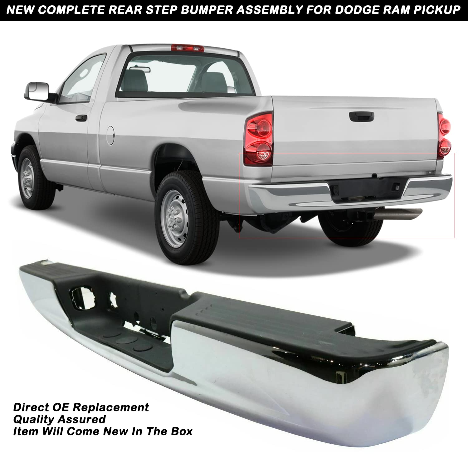 Jsboyat Rust Resistance Rear Bumper Assembly Fits For 2002-2008 Dodge Ram 1500/2003-2009 Ram 2500 3500 Pickup Heavy Duty Chrome Back Bumpers W/Top Pads License Plate Lamp Ch1103111