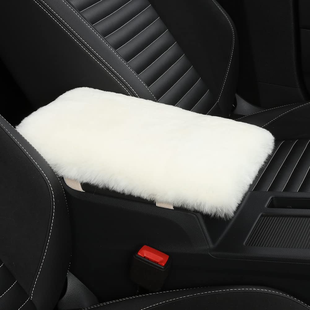 Iriwool Sheepskin Armrest Cover Auto Center Armrest Cover Car Soft Console Pad, Fluffy Wool Auto Center Console Cover For Most Car Arm Rest Decoration Protector 7 X 13 Inch (Shearling, Ivory White)