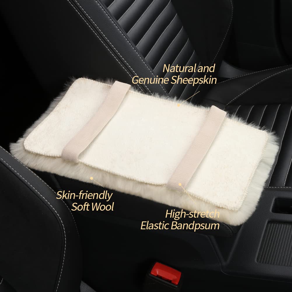 Iriwool Sheepskin Armrest Cover Auto Center Armrest Cover Car Soft Console Pad, Fluffy Wool Auto Center Console Cover For Most Car Arm Rest Decoration Protector 7 X 13 Inch (Shearling, Ivory White)