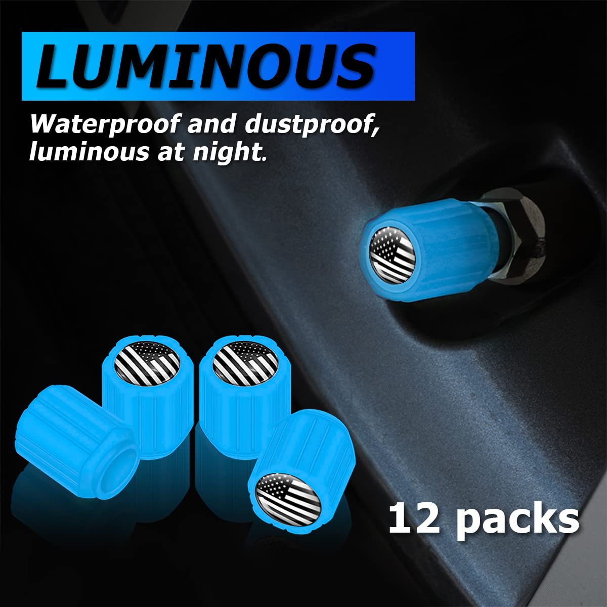 12Pcs Fluorescent Car Tire Valve Caps, Luminous Tire Air Caps Cover, Vehicle Tire Pressure Caps, Illuminated Auto Car Wheel Valve Stem, Universal For Car, Suv, Motorcycle, Truck, Bike (Blue/Black)